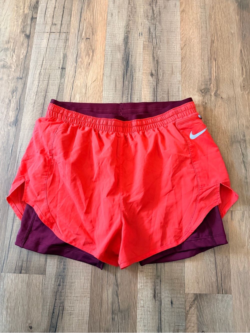 Nike Women's Two-Layer Athletic Shorts in Bright Coral and Maroon